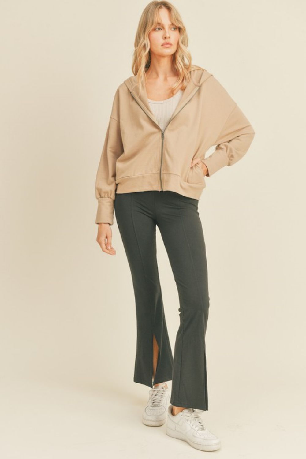 Kimberly C Full Size Zip-Up Drop Shoulder Hooded Jacket in Taupe