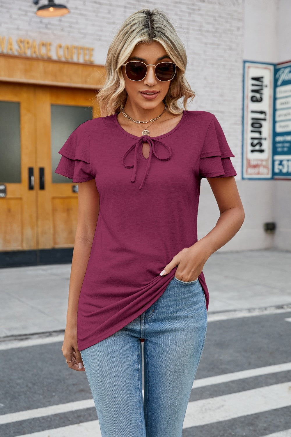 Tie Neck Layered Flutter Sleeve Top
