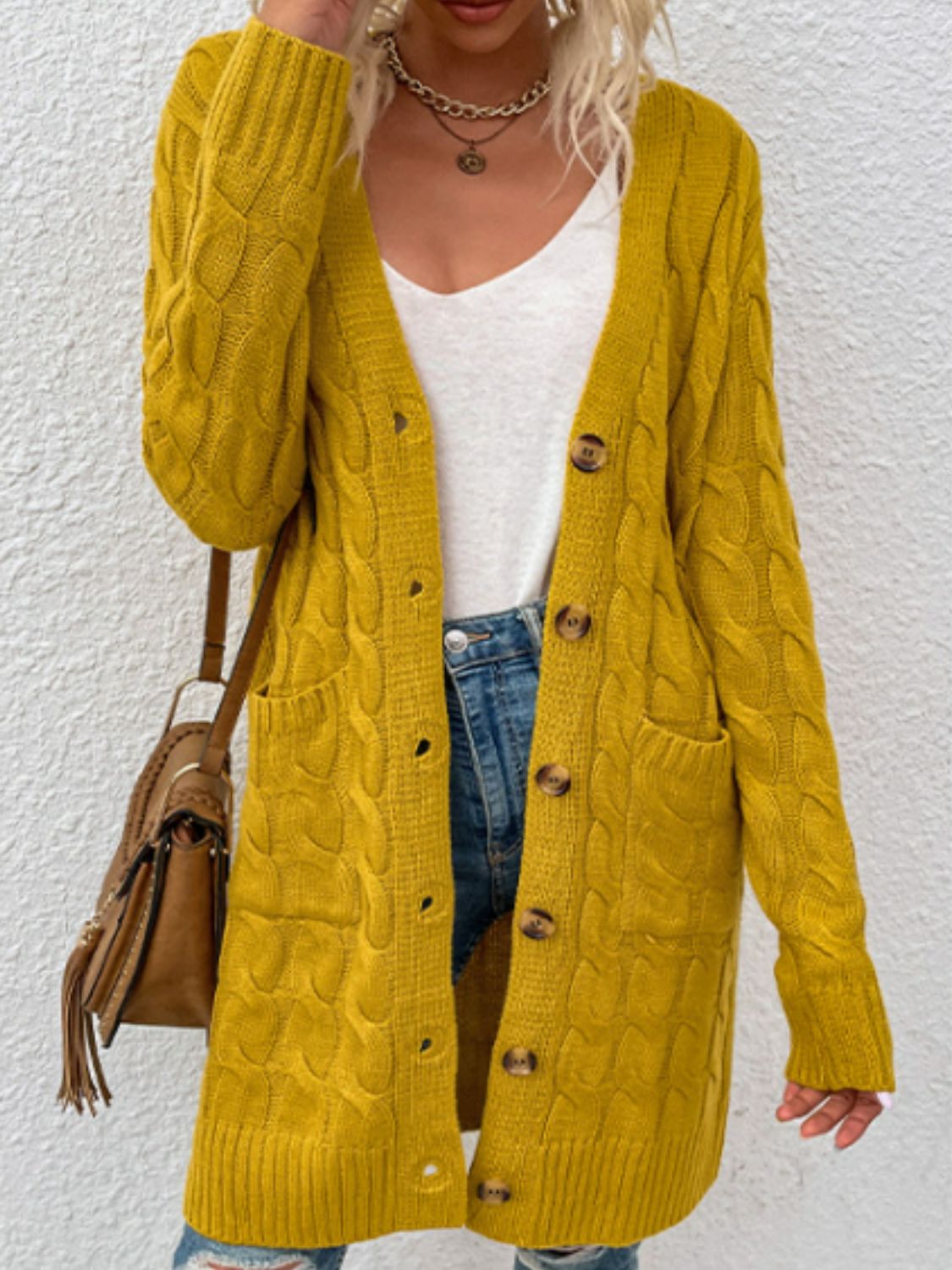 Cable-Knit Button Down Longline Cardigan with Pockets