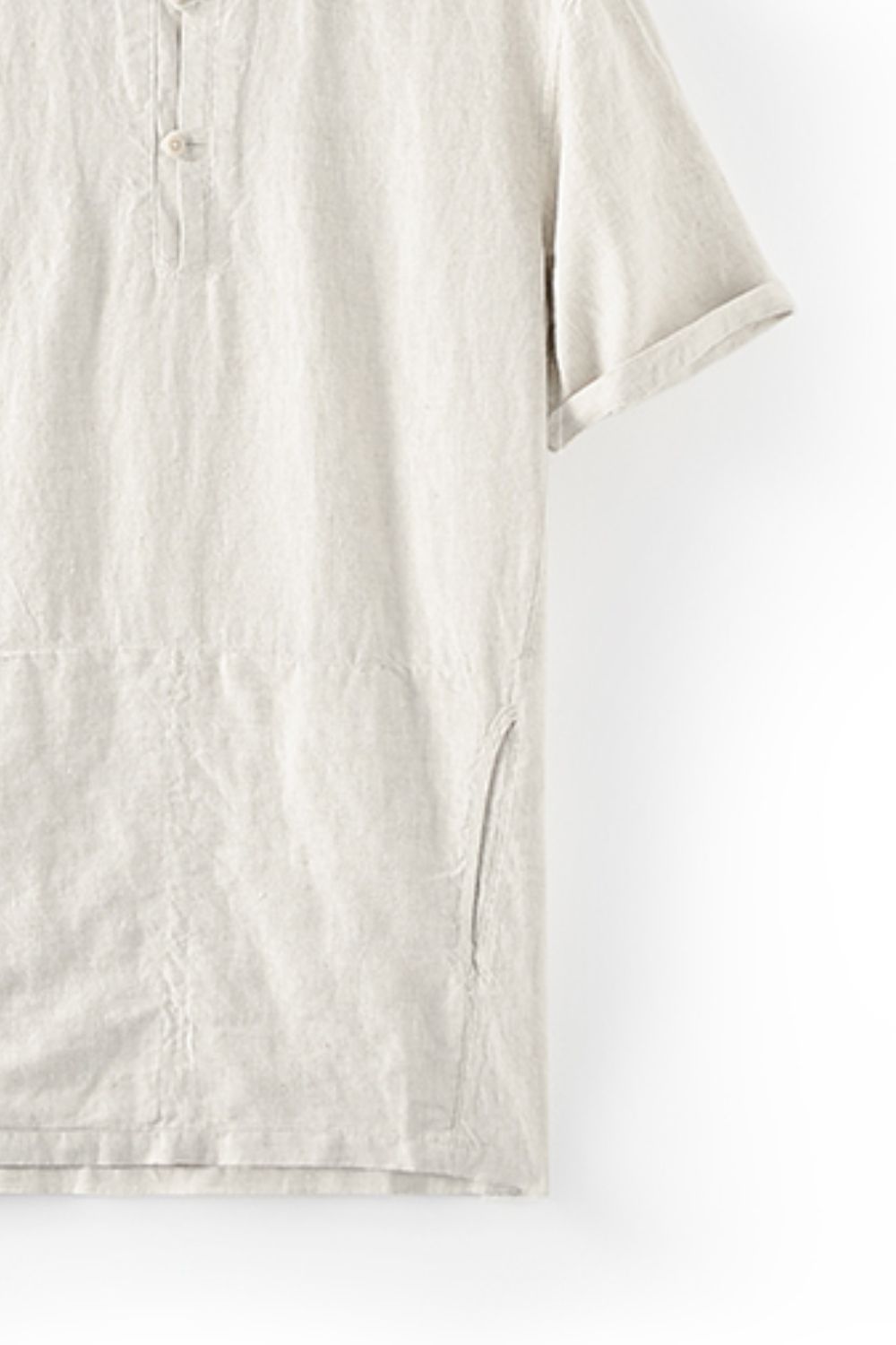 Buttoned Round Neck Short Sleeve Linen Tee