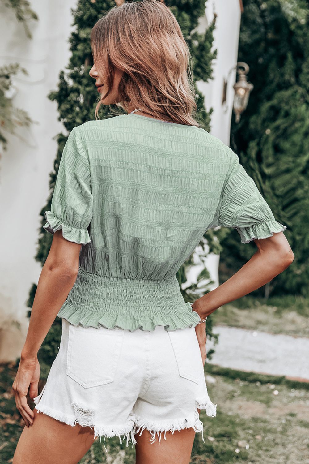 Decorative Button Smocked Peplum Blouse