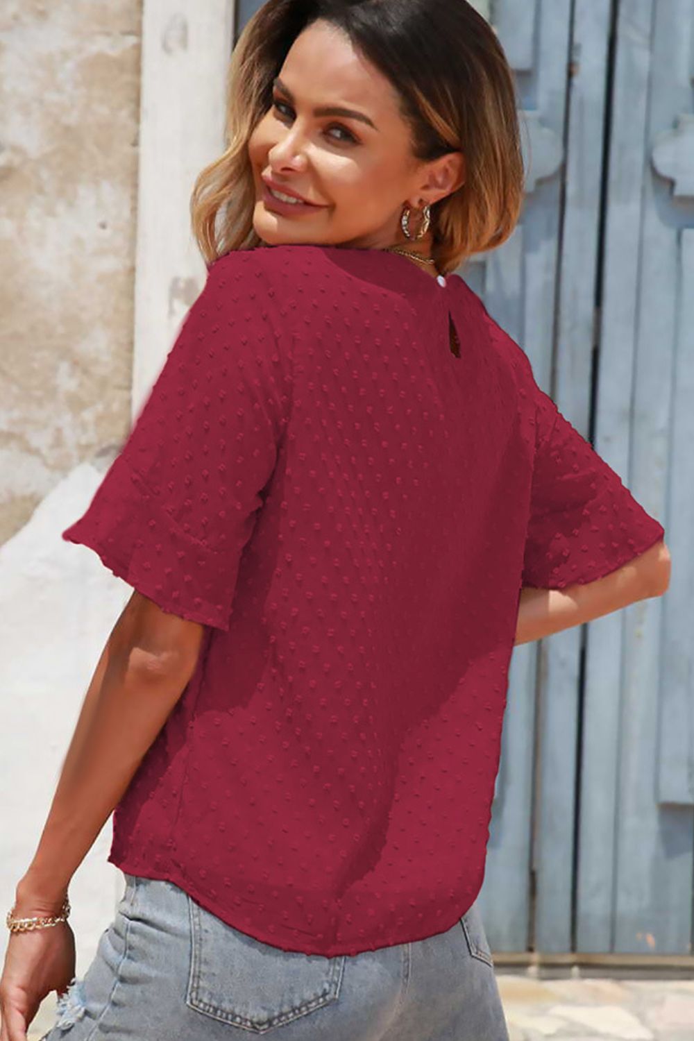 Swiss Dot Flounce Sleeve Round Neck Blouse
