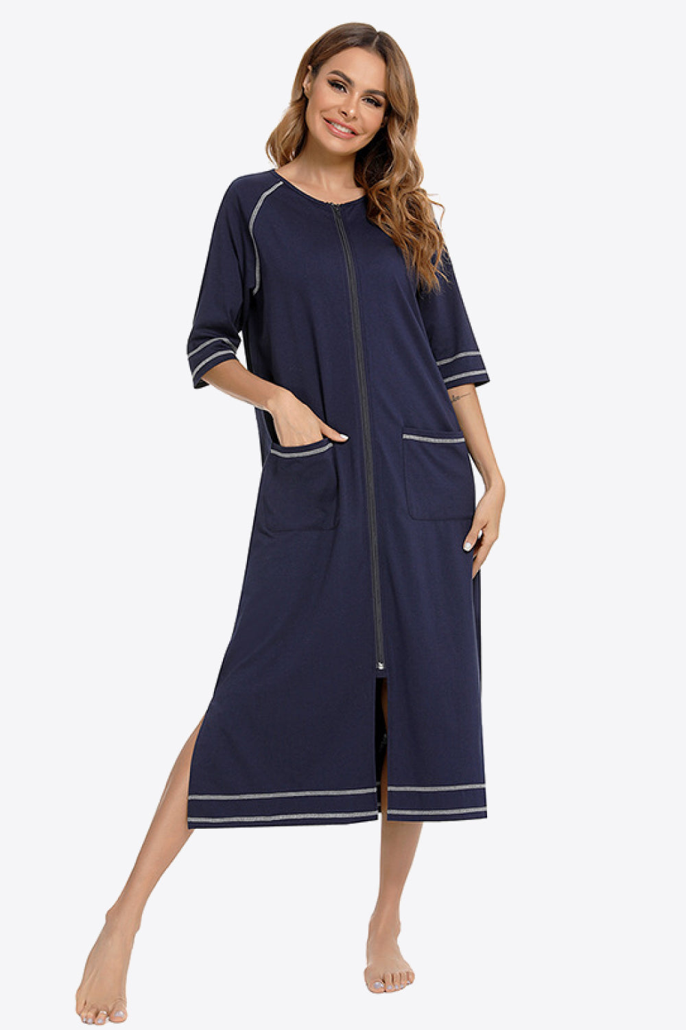 Zip Up Slit Night Dress with Pockets