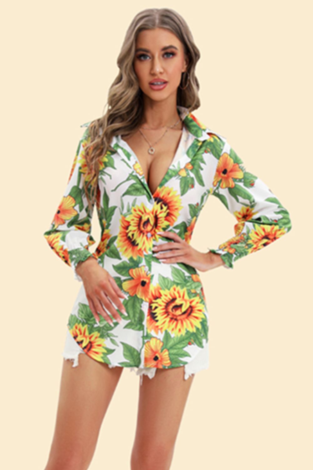 Floral Curved Hem Smocked-Cuff Shirt