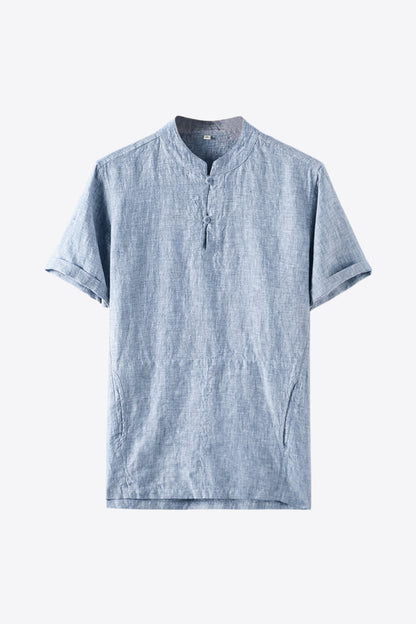 Buttoned Round Neck Short Sleeve Linen Tee
