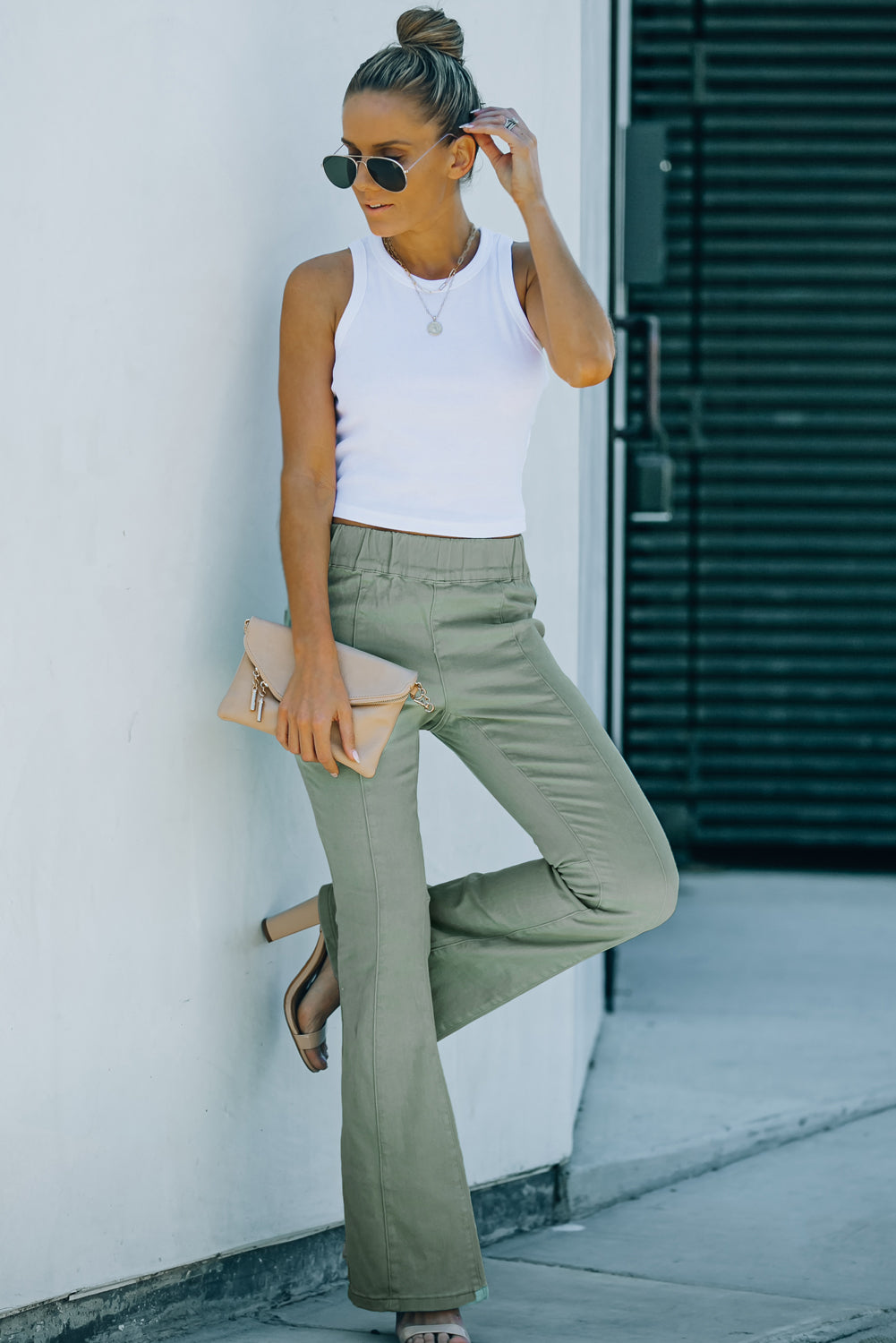 Seam Detail Elastic Waist Flare Pants