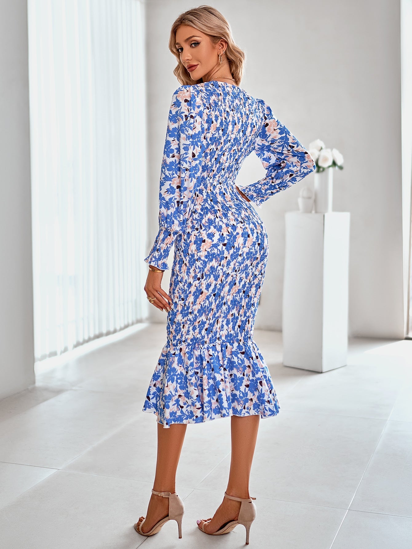 Floral Surplice Lantern Sleeve Fishtail Dress