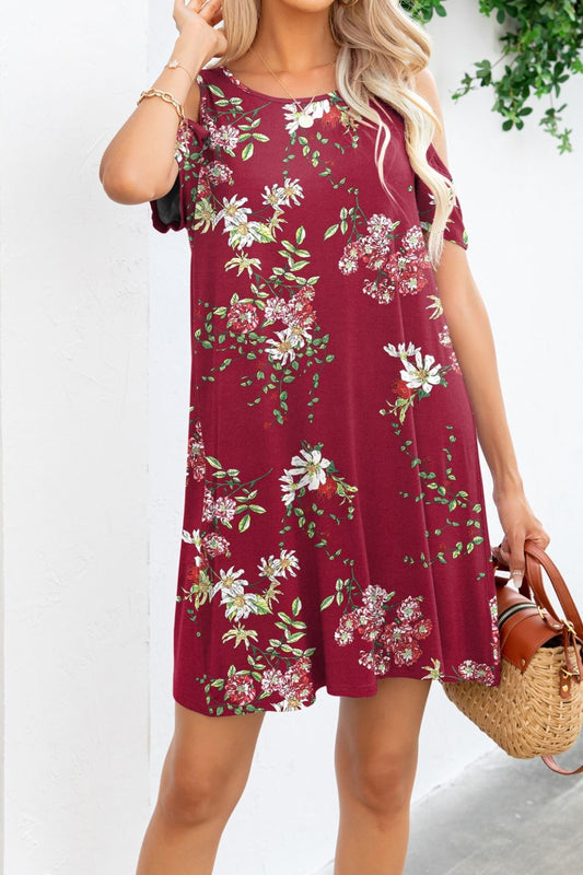 Printed Round Neck Cold-Shoulder Dress