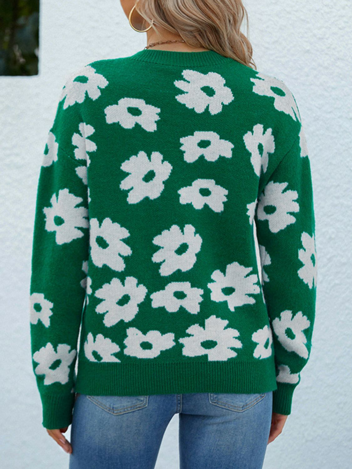 Floral Ribbed Trim Knit Sweater