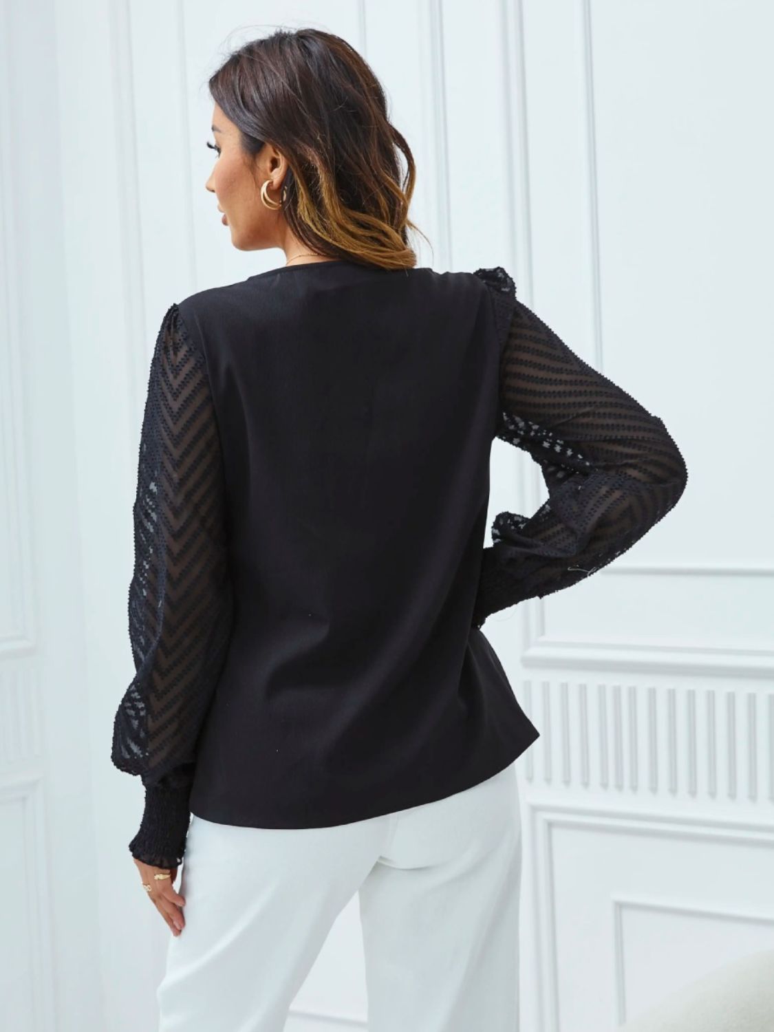 Half-Zip Smocked Balloon Sleeve Blouse