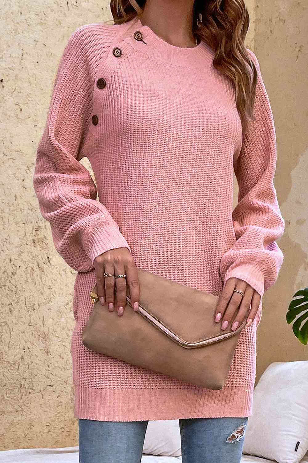 Round Neck Button Detail Ribbed Sweater - Deals DejaVu