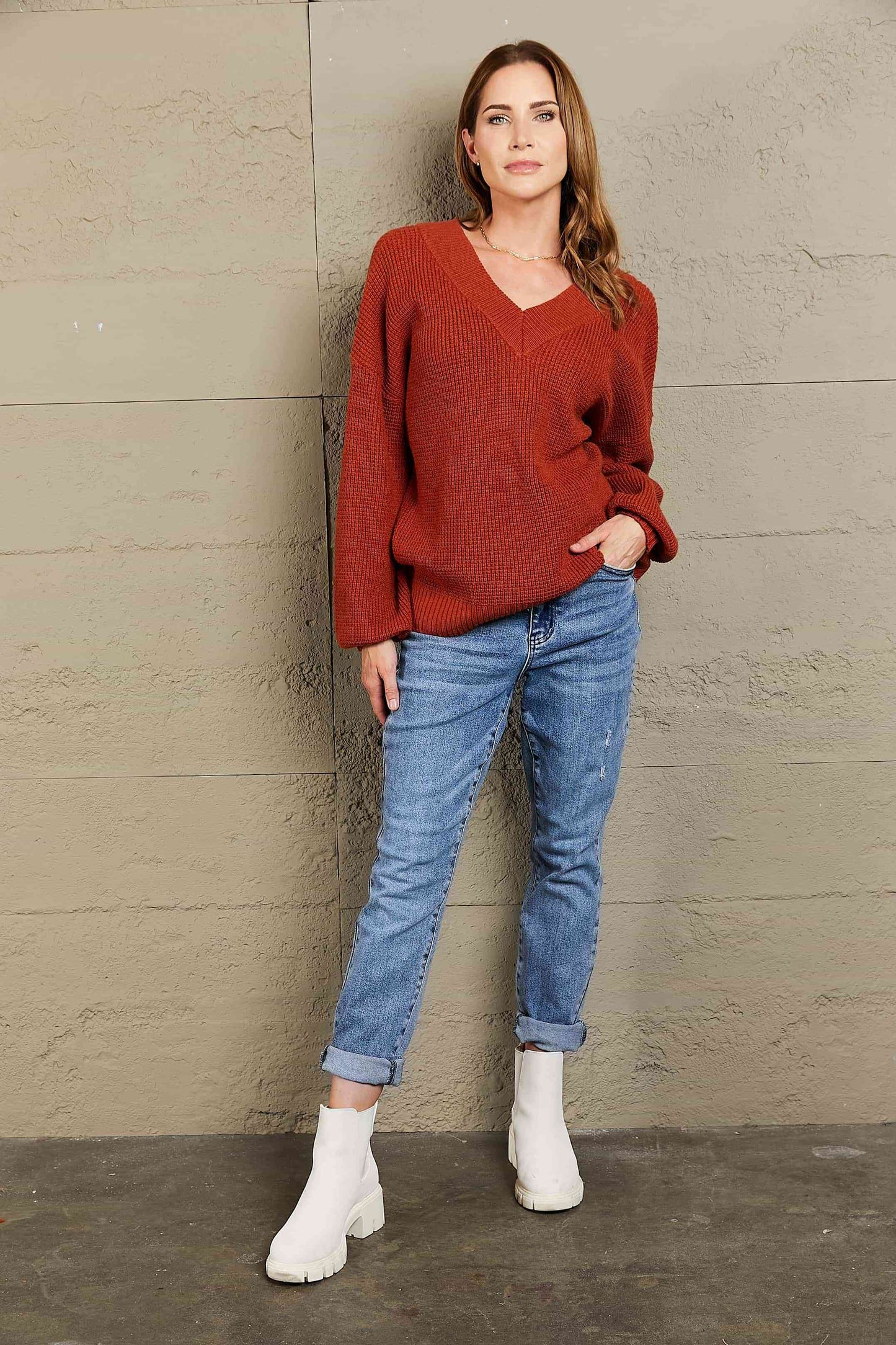 Woven Right Rib-Knit Drop Shoulder V-Neck Sweater