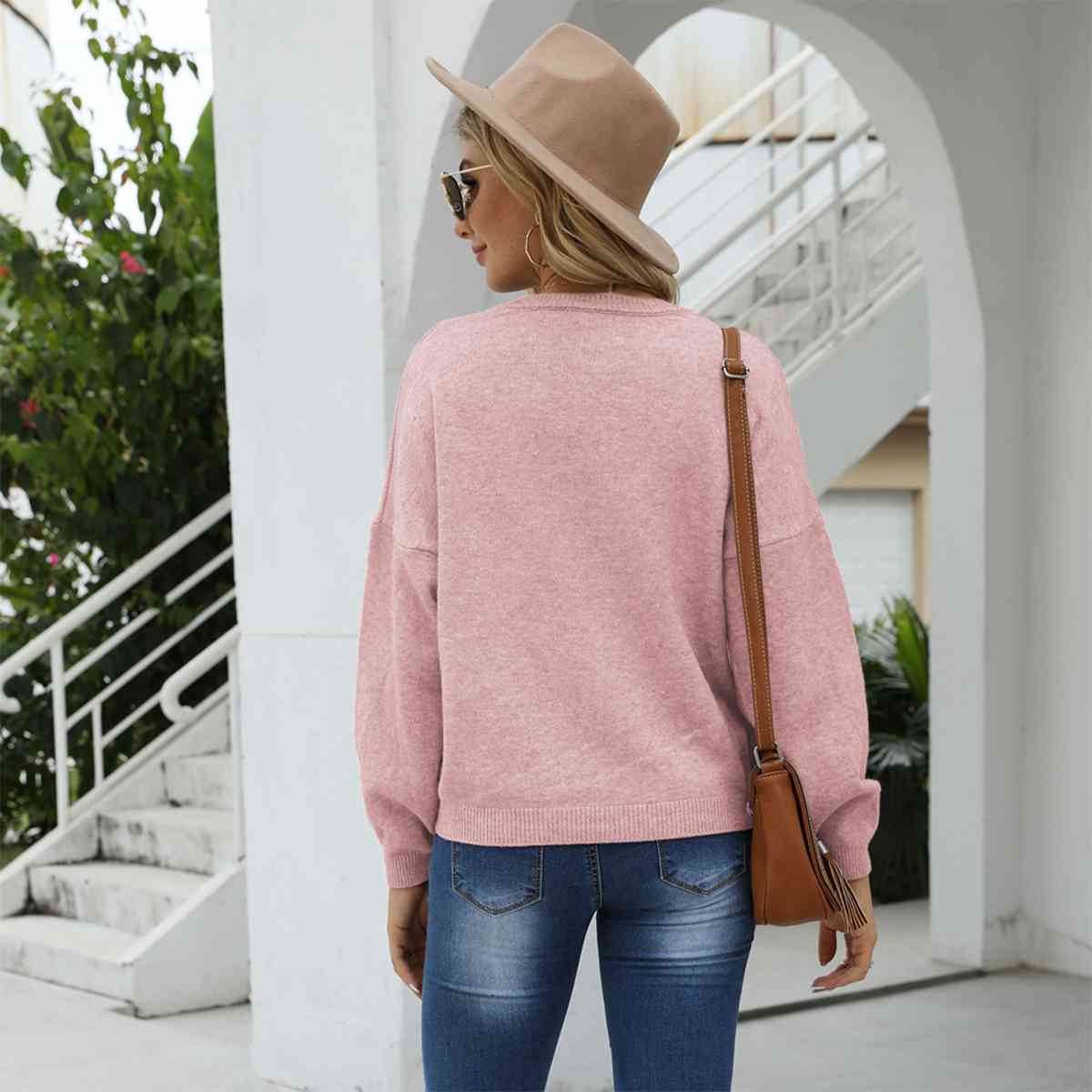 Round Neck Long Sleeve Drop Shoulder Sweater - Deals DejaVu