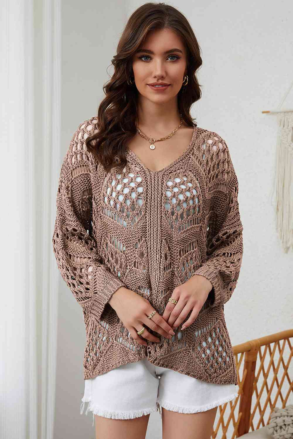 Openwork V-Neck Sweater - Deals DejaVu