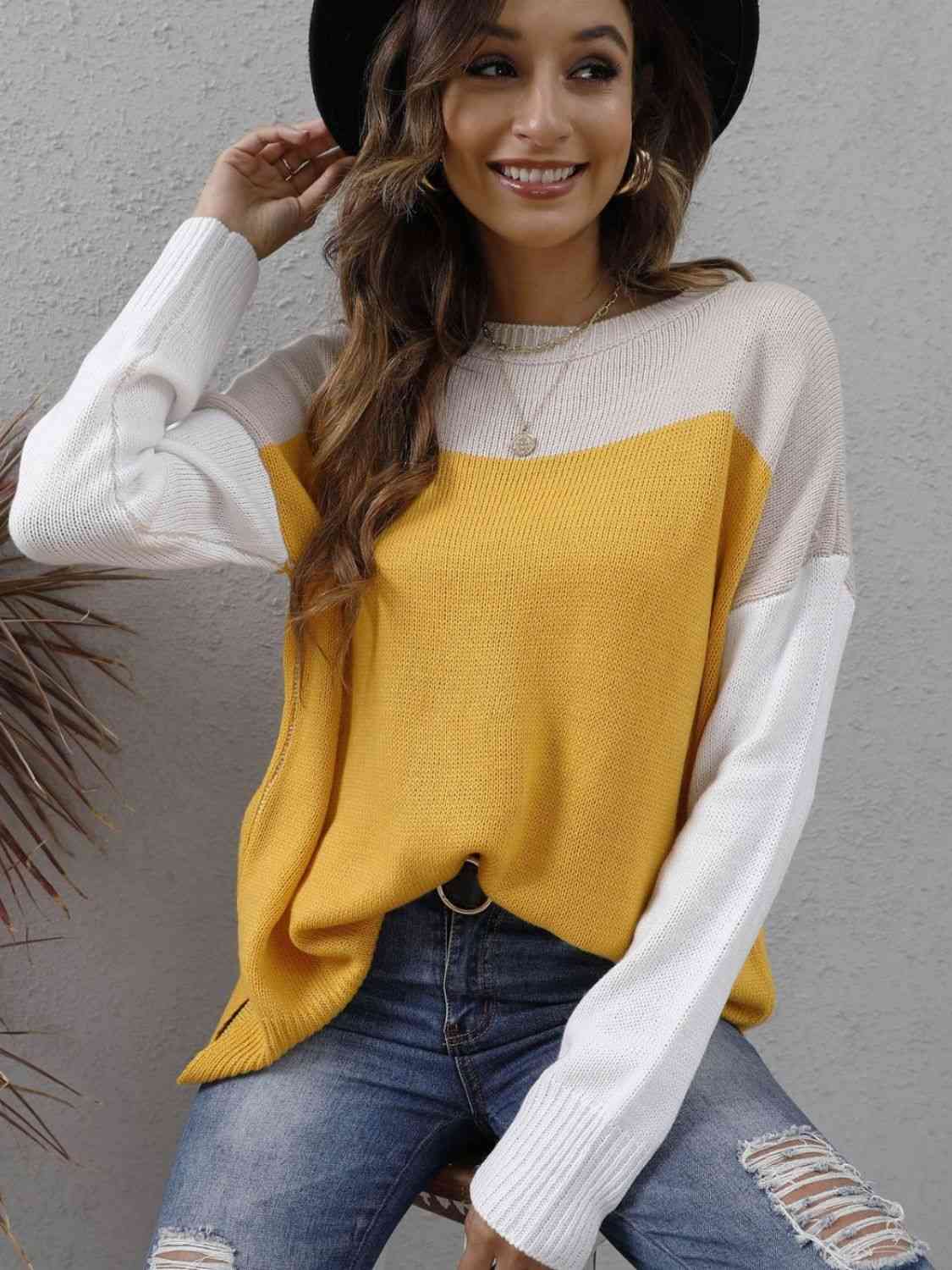 Color Block Round Neck Dropped Shoulder Sweater