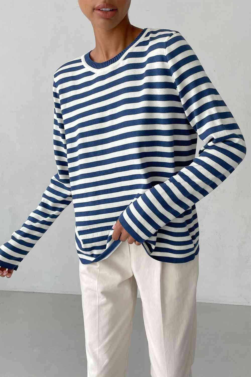 Striped Round Neck Long Sleeve Sweater - Deals DejaVu