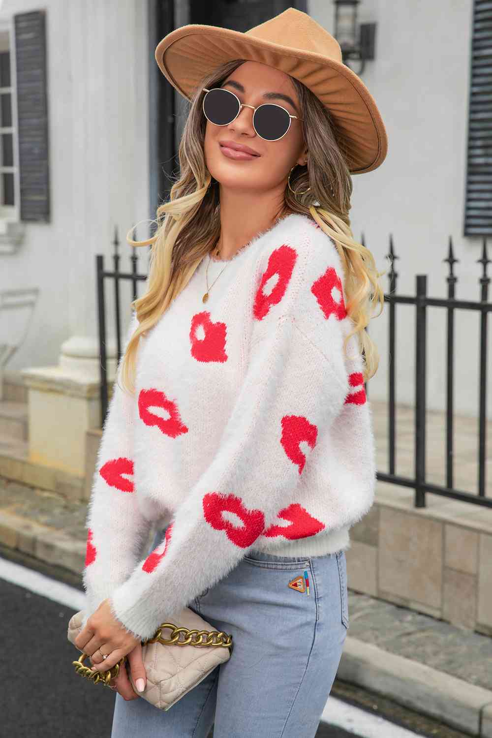 Printed Round Neck Long Sleeve Fuzzy Sweater - Deals DejaVu