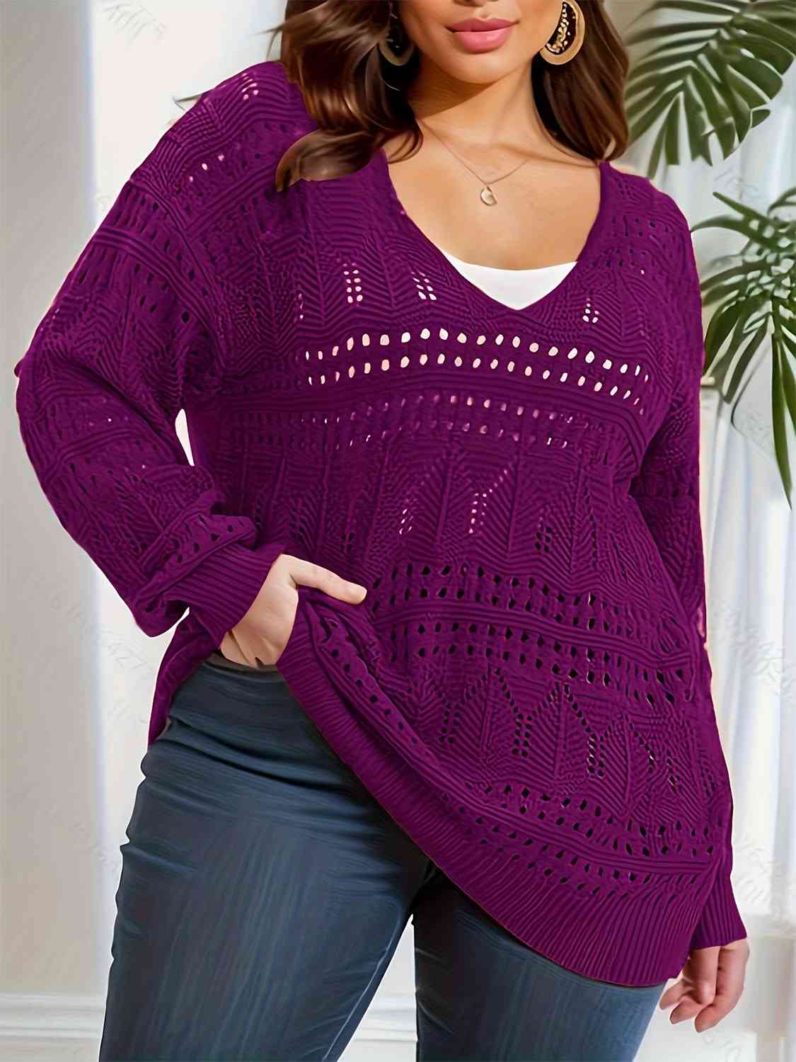 Plus Size Openwork Plunge Long Sleeve Sweater - Deals DejaVu