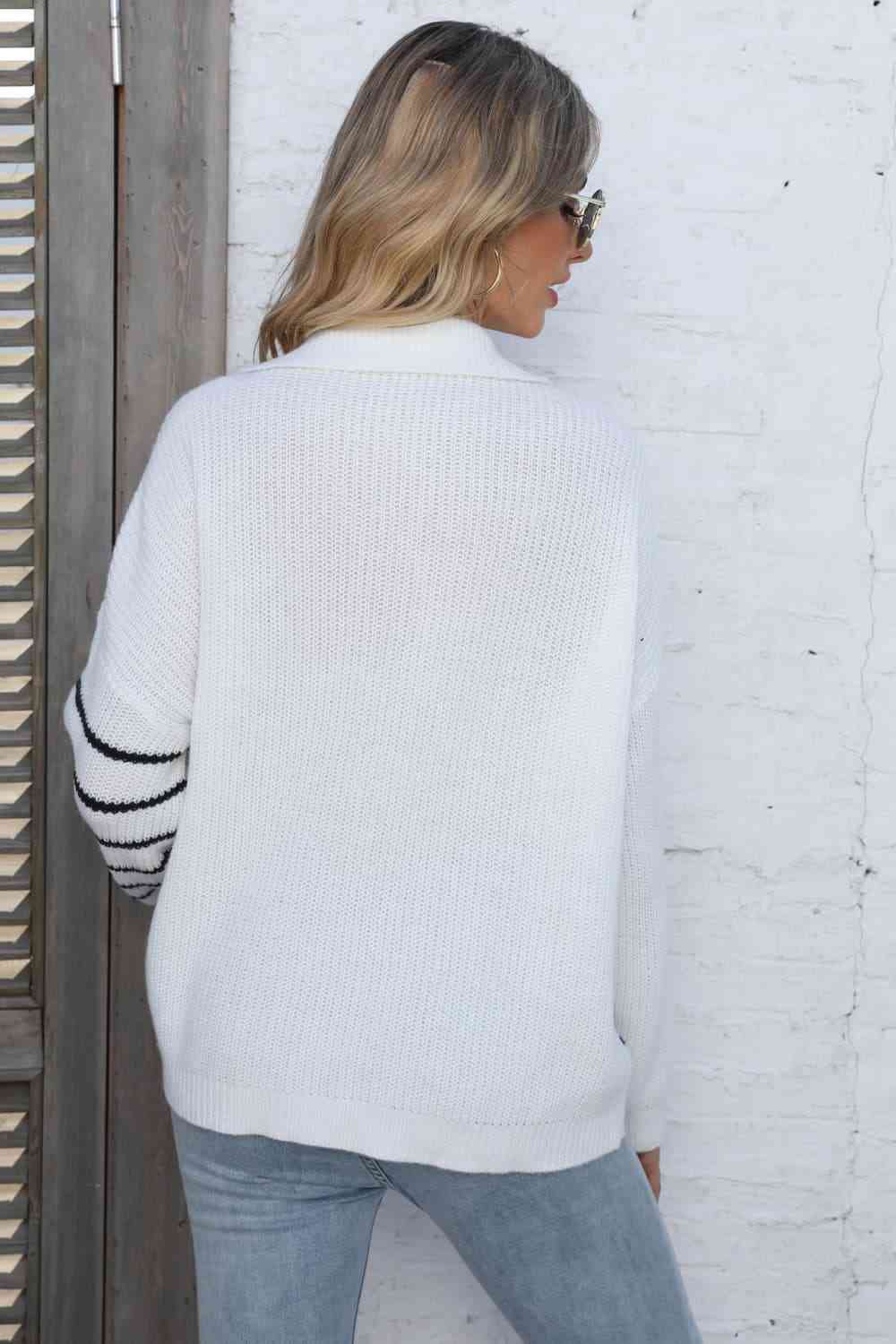 Ribbed Notched Neck Striped Long Sleeve Sweater - Deals DejaVu