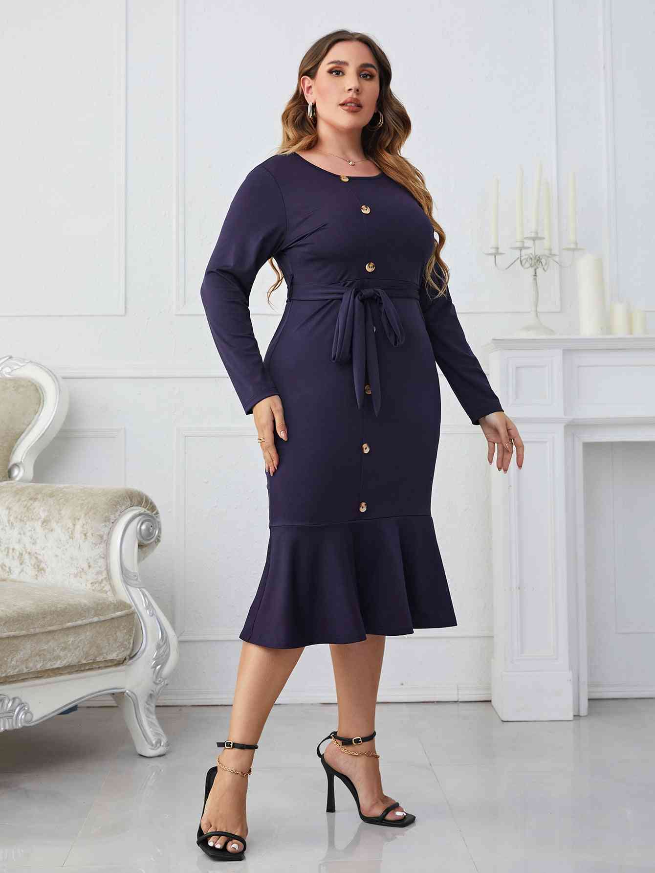 Melo Apparel Plus Size Buttoned Round Neck Tie Belt Midi Dress (MWBT) T - Deals DejaVu