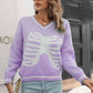 Skeleton Pattern V-Neck Long Sleeve Pullover Sweater - Deals DejaVu