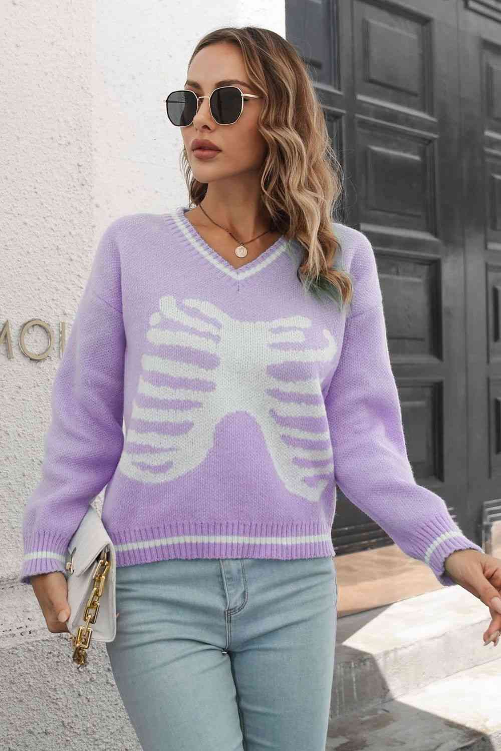 Skeleton Pattern V-Neck Long Sleeve Pullover Sweater - Deals DejaVu