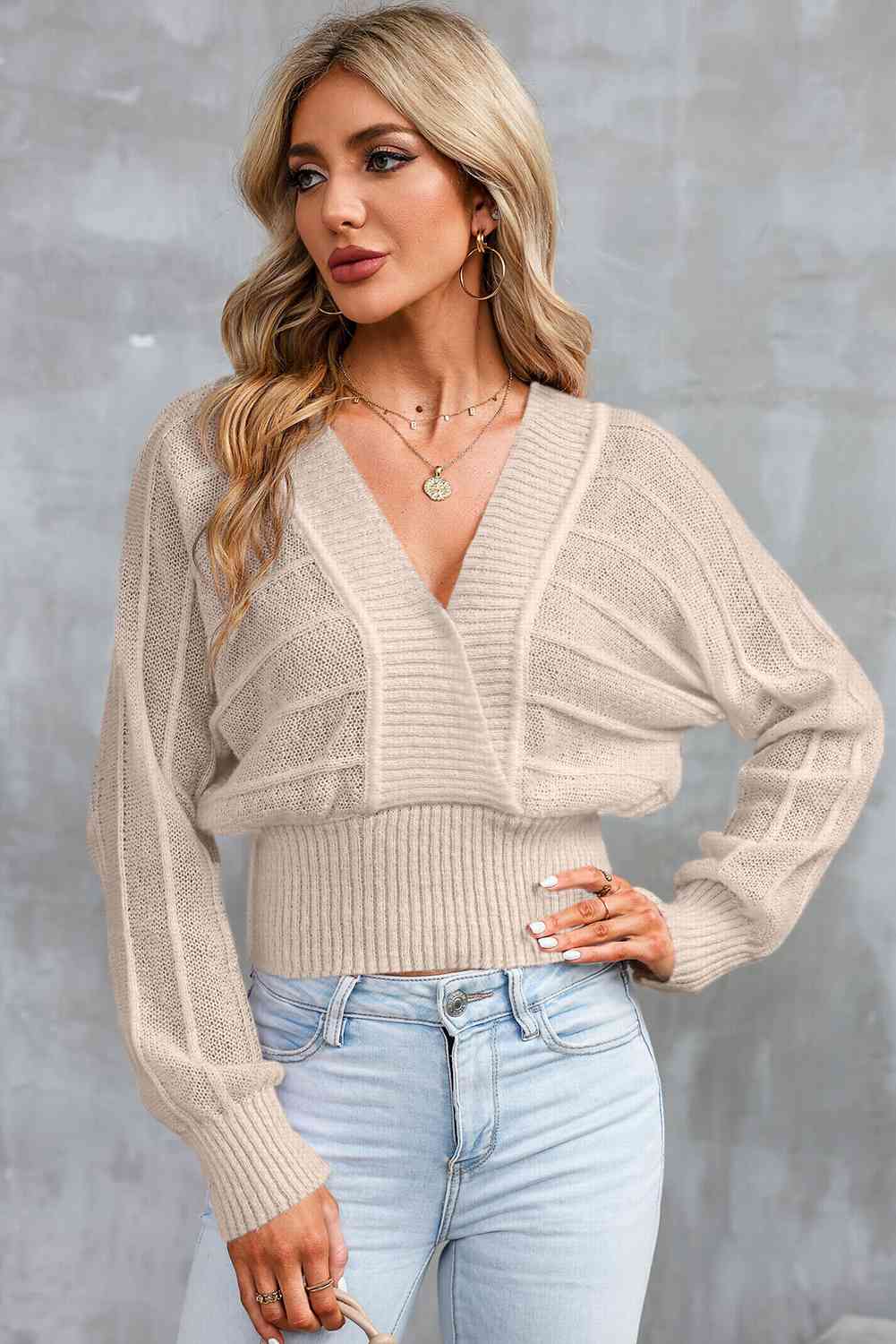 Surplice Neck Lace-Up Sweater - Deals DejaVu