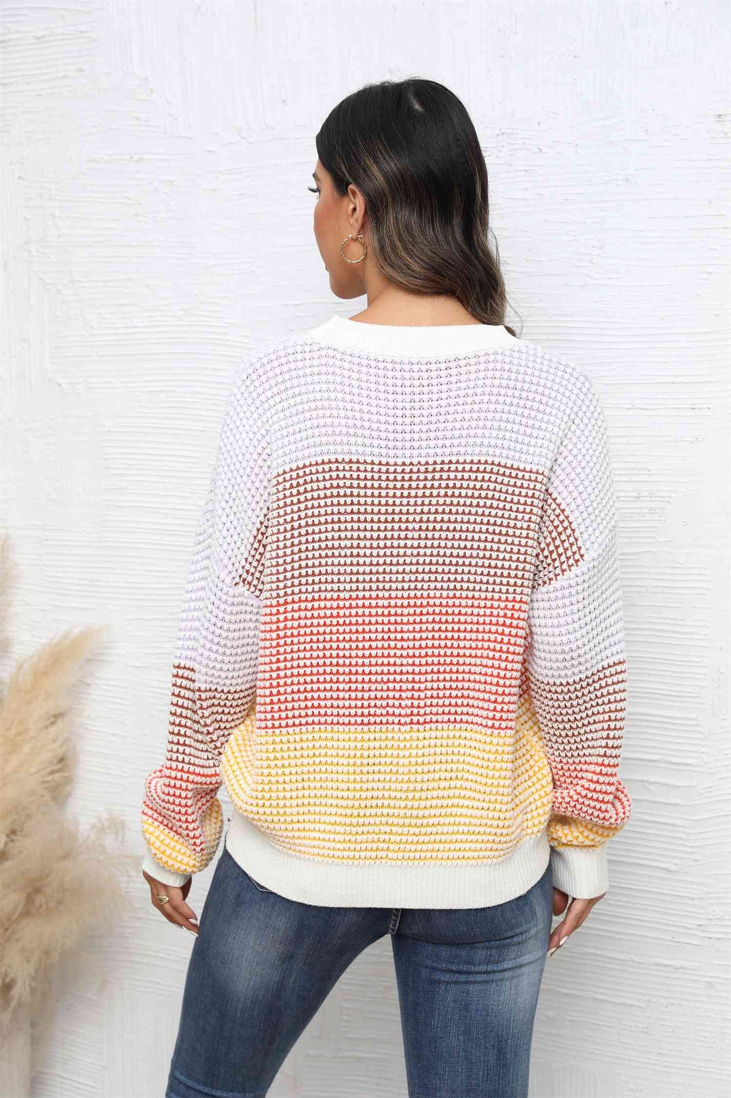 Waffle-Knit Round Neck Dropped Shoulder Color Block Sweater - Deals DejaVu