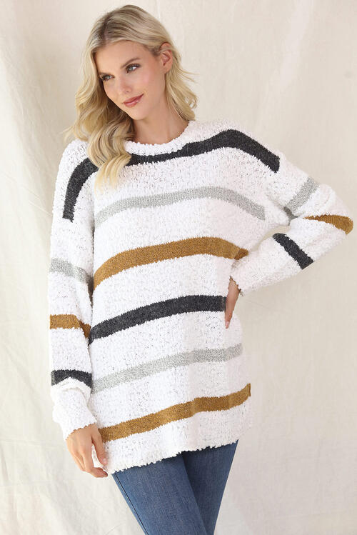 Striped Round Neck Long Sleeve Sweater - Deals DejaVu