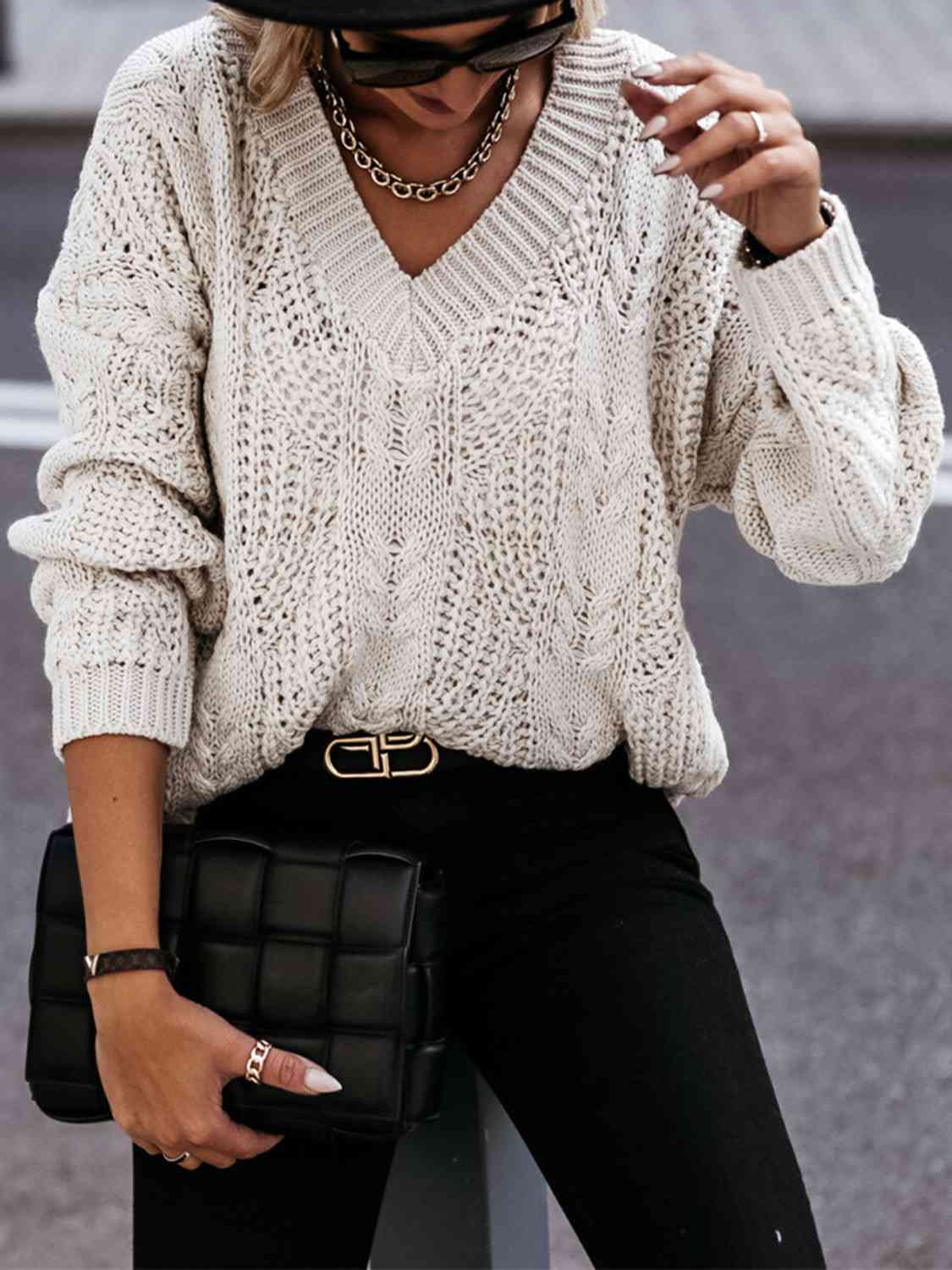 V-Neck Cable-Knit Long Sleeve Sweater