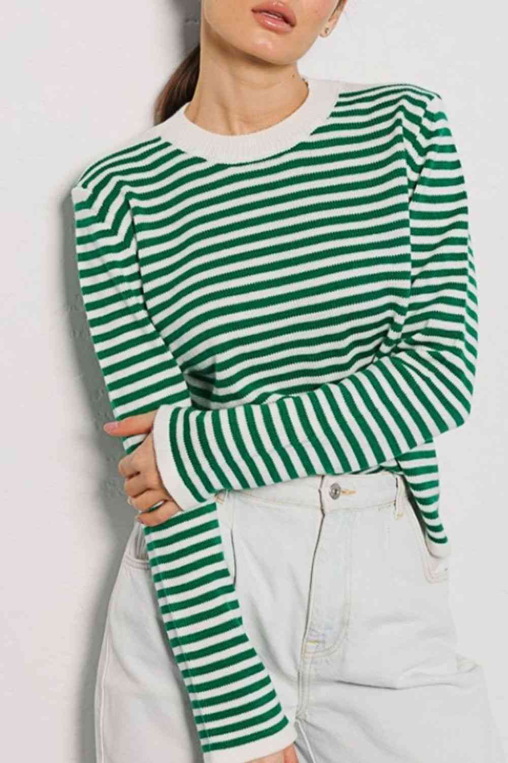 Striped Round Neck Long Sleeve Sweater - Deals DejaVu