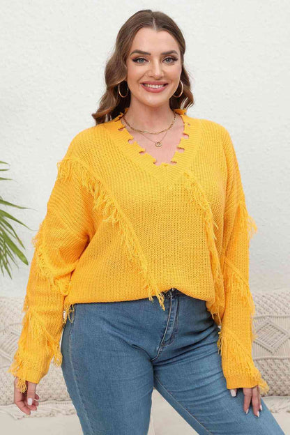 Plus Size Fringe V-Neck Long Sleeve Sweater - Deals DejaVu