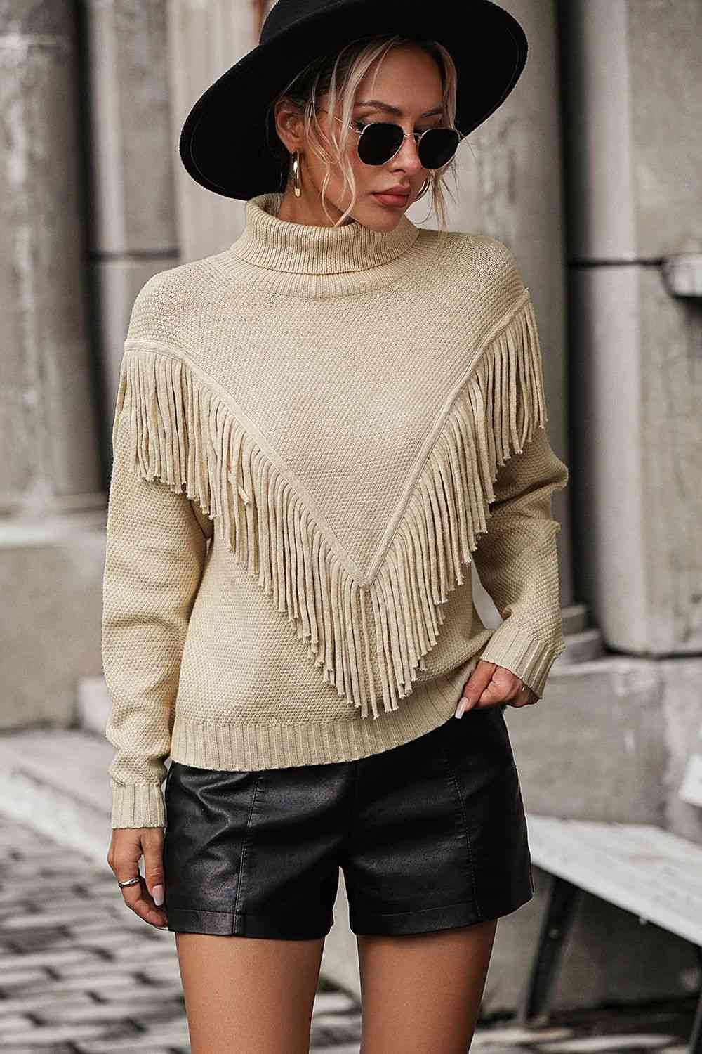 Turtle Neck Tassel Front Long Sleeve Pullover Sweater - Deals DejaVu