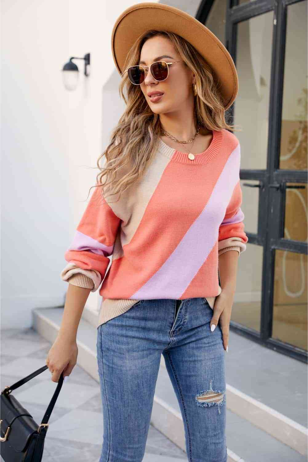 Color Block Ribbed Round Neck Sweater - Deals DejaVu