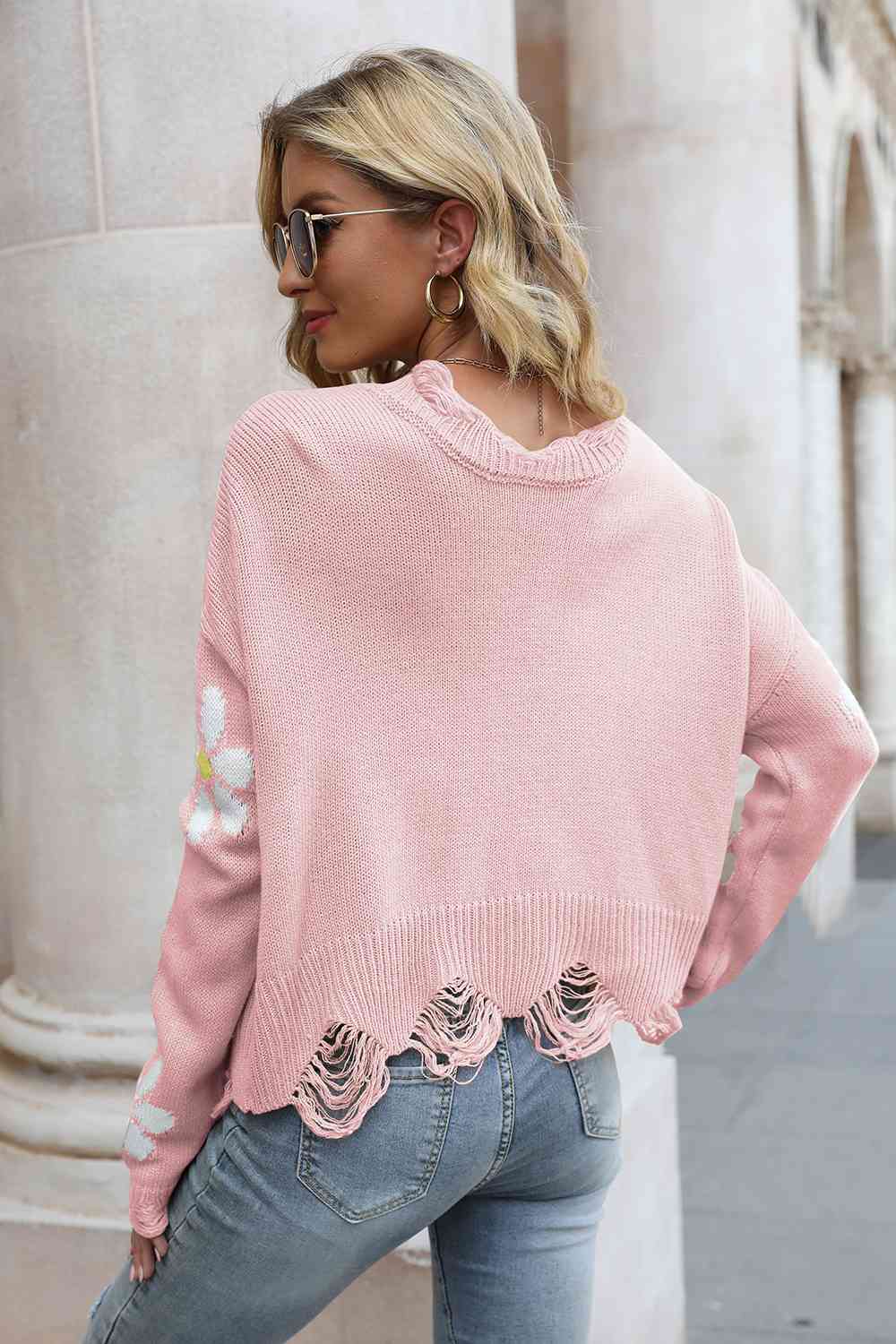 Flower Distressed Long Sleeve Sweater - Deals DejaVu