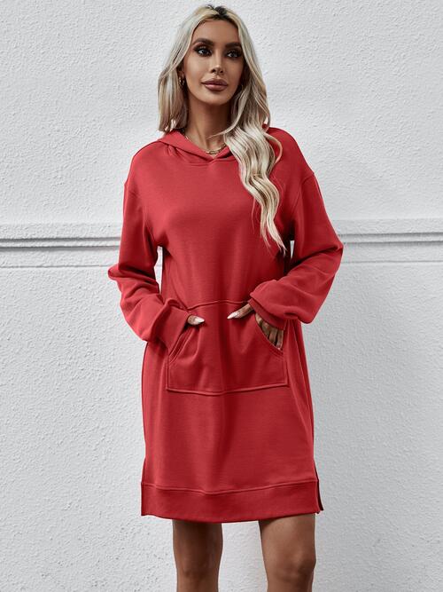 Slit Long Sleeve Hooded Dress with Pocket (MWBT) T - Deals DejaVu