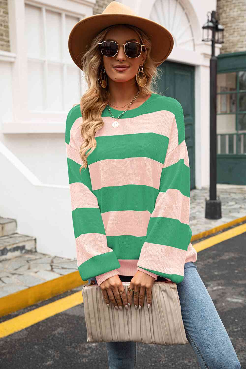 Striped Balloon Sleeve Knit Pullover - Deals DejaVu