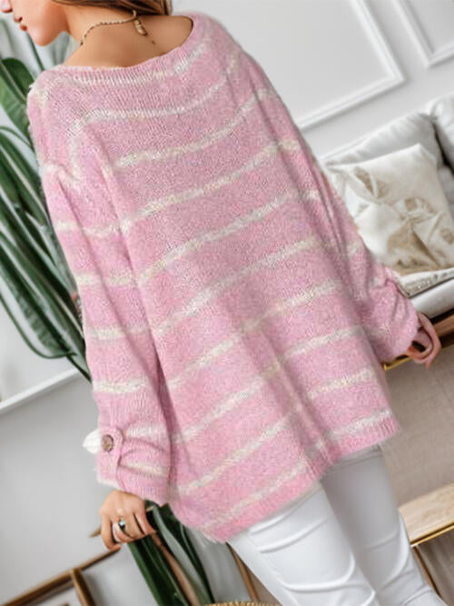 Striped Buttoned Long Sleeve Sweater with Pocket - Deals DejaVu