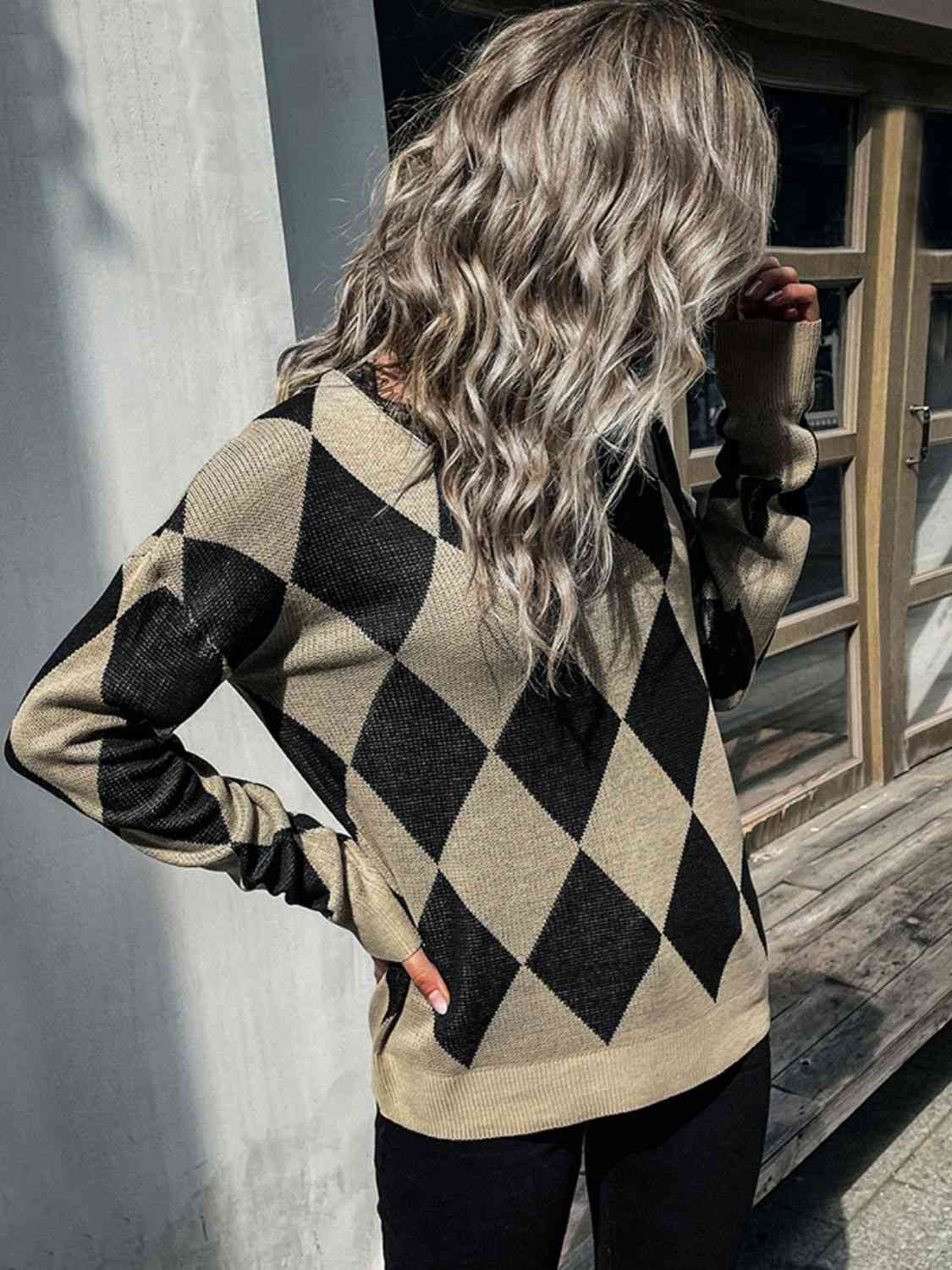 Argyle Eyelash Lace Trim Dropped Shoulder Sweater - Deals DejaVu