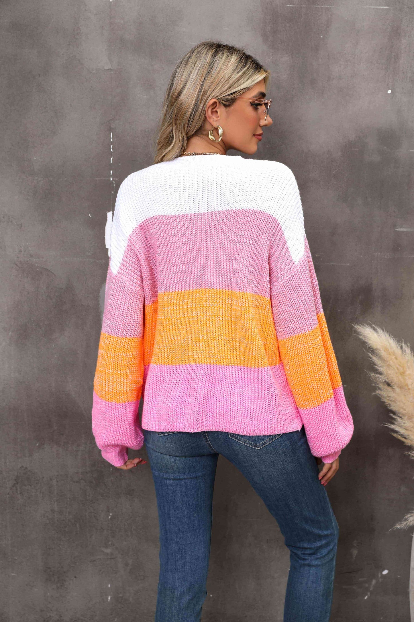 Color Block Round Neck Dropped Shoulder Sweater - Deals DejaVu