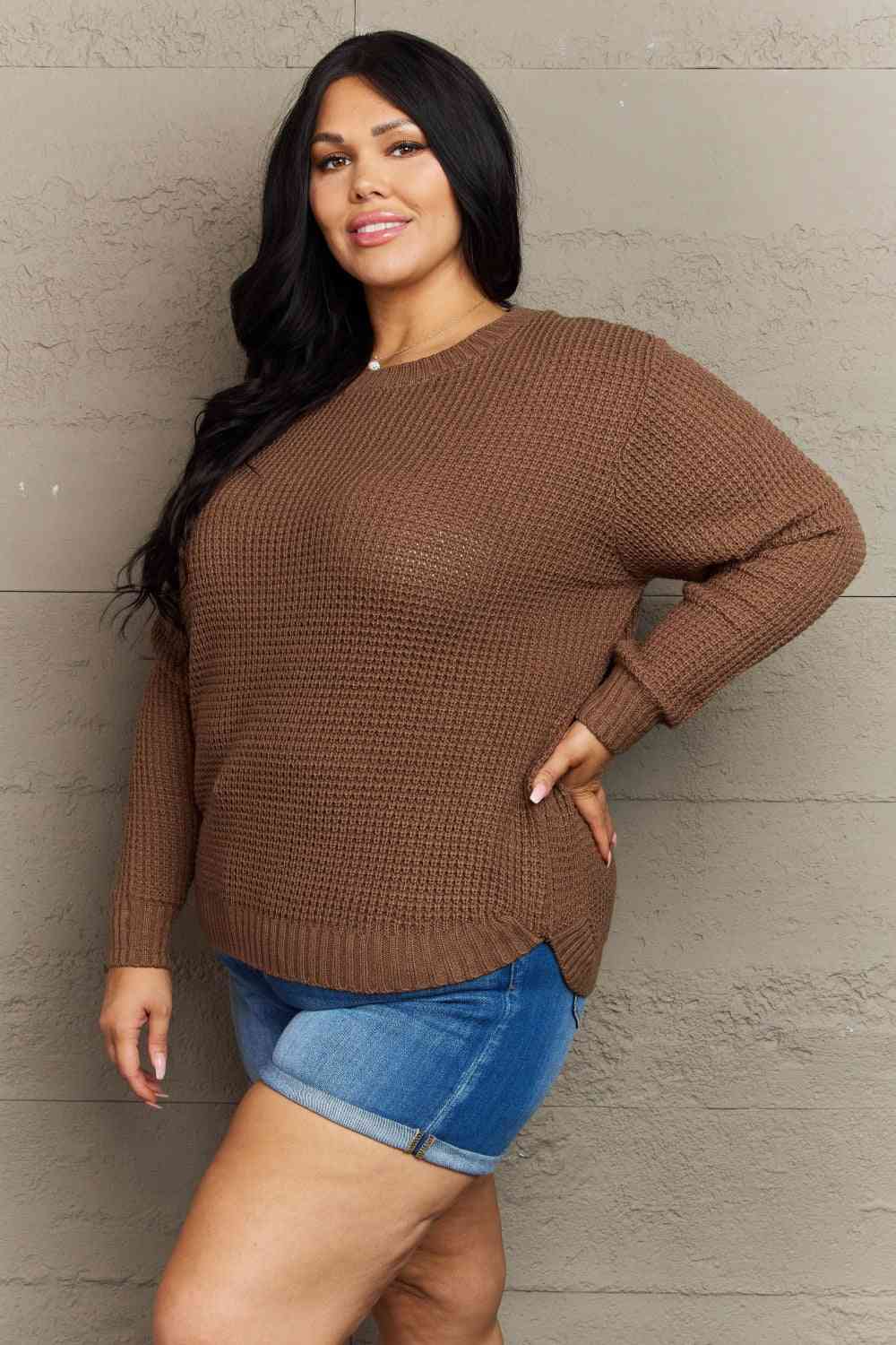 Zenana Breezy Days Plus Size High Low Waffle Knit Sweater - Deals DejaVu