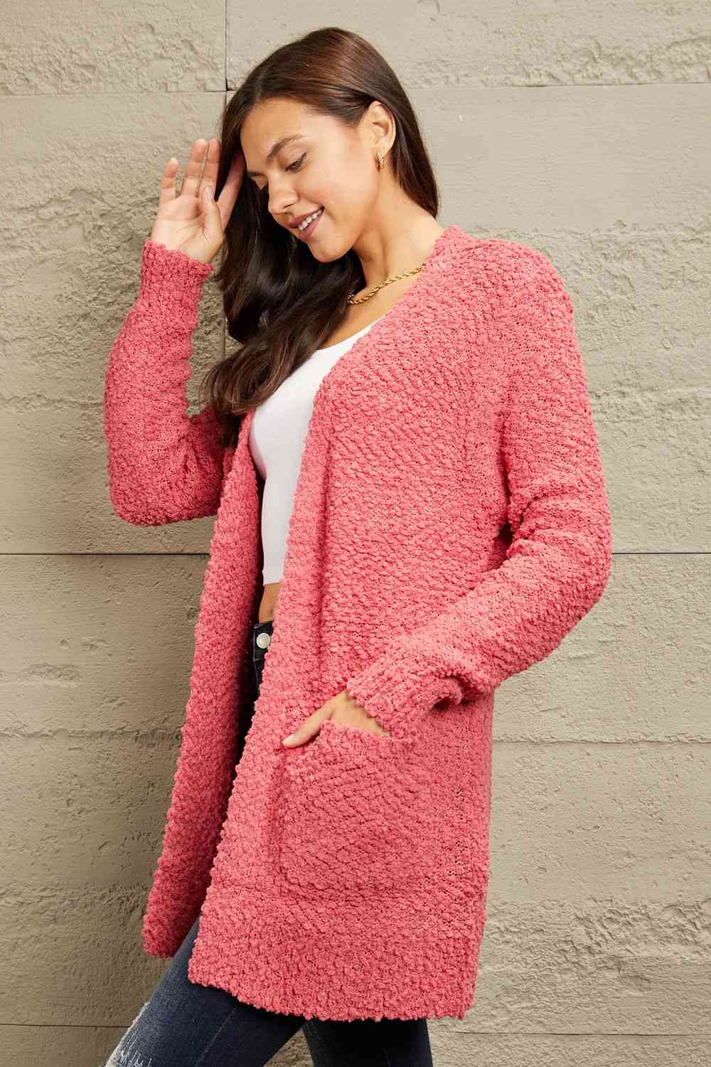 Zenana Falling For You Full Size Open Front Popcorn Cardigan - Deals DejaVu