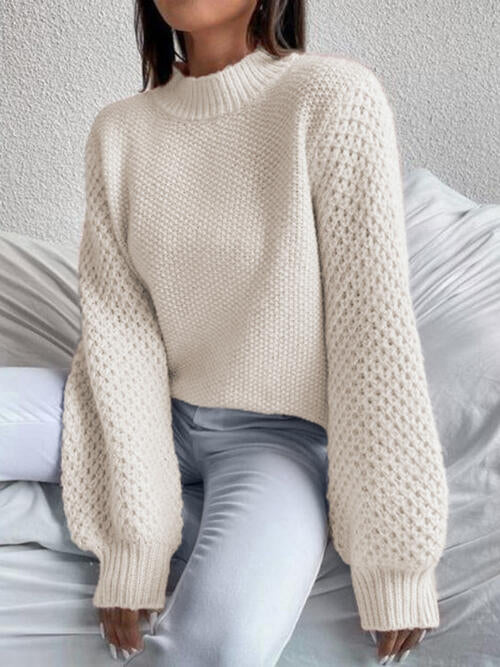 Openwork Mock Neck Long Sleeve Sweater - Deals DejaVu