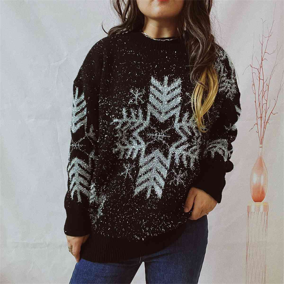 Snowflake Pattern Long Sleeve Sweater - Deals DejaVu