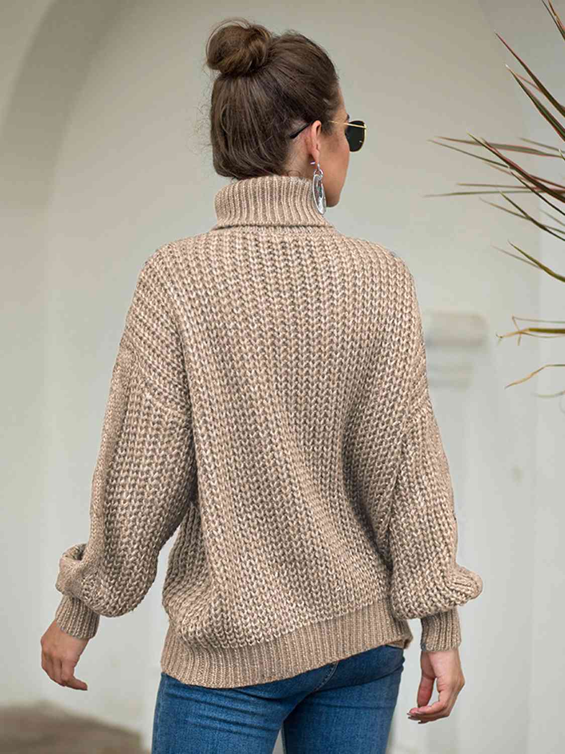 Turtleneck Cable-Knit Dropped Shoulder Sweater