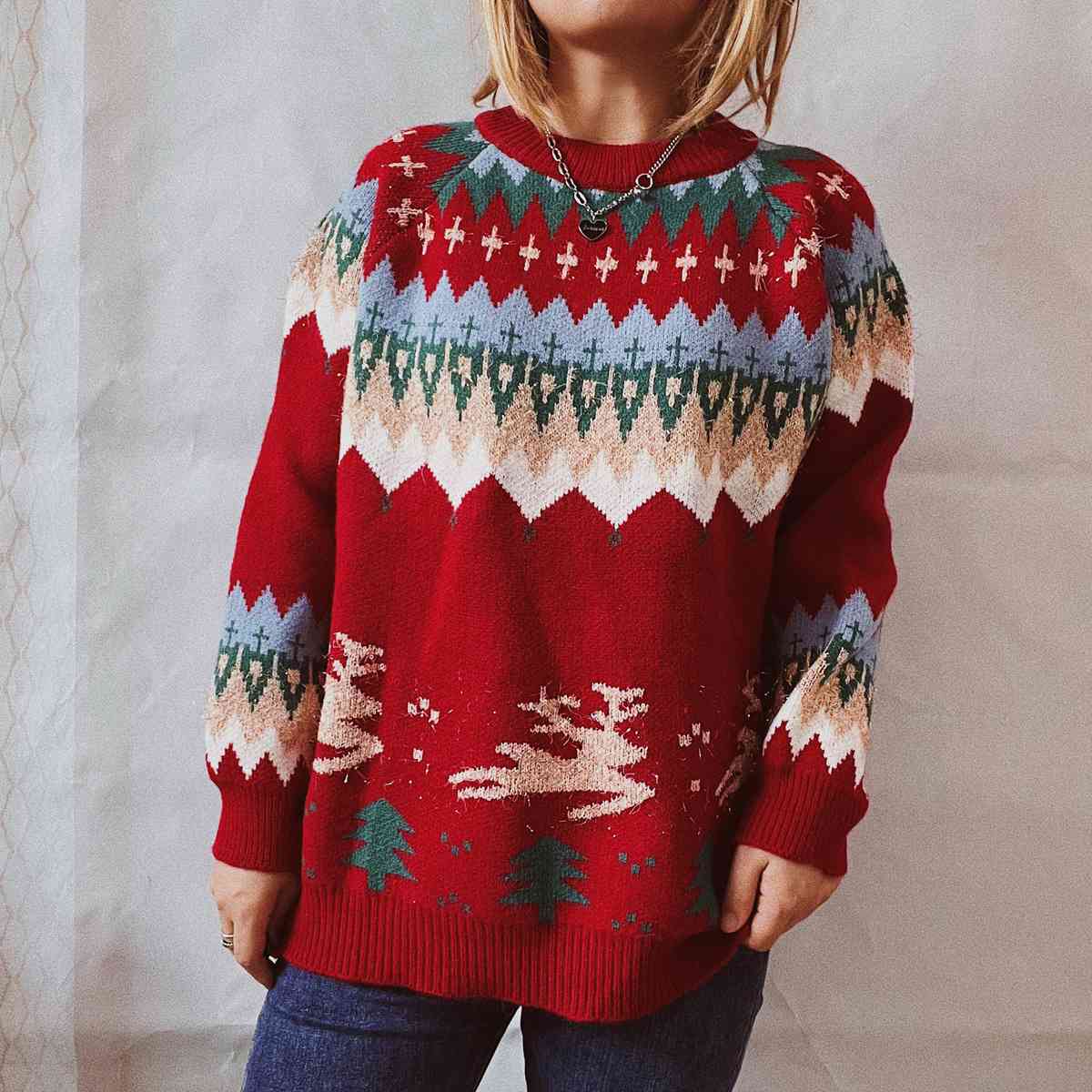 Christmas Element Long Sleeve Sweater - Deals DejaVu