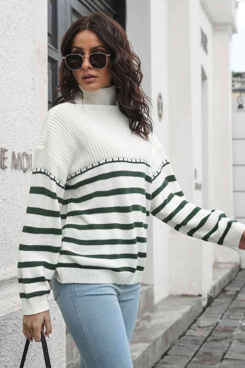 Striped Turtleneck Drop Shoulder Sweater - Deals DejaVu