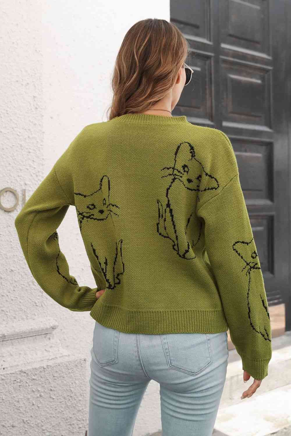 Cat Pattern Round Neck Long Sleeve Pullover Sweater - Deals DejaVu