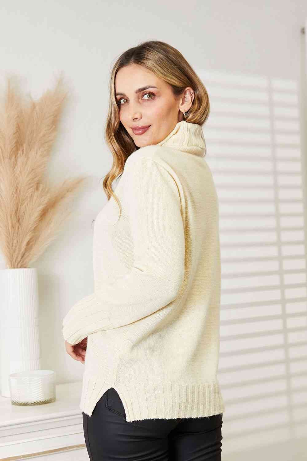 Heimish Full Size Long Sleeve Turtleneck Sweater with Side Slit - Deals DejaVu