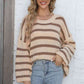 Round Neck Dropped Shoulder Striped Sweater - Deals DejaVu